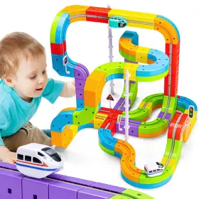 B0fhwkp365 Calfqueen Klickrail Electric Train Set - 88 Pcs Flexible Race Track And Motorized Car 3-8y