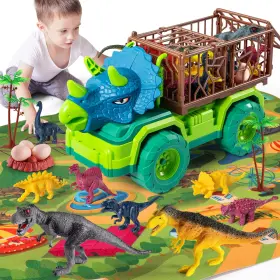 K296-6 Dinosaur Planet Kids Truck Toy Triceratops Transporter With 8 Realistic