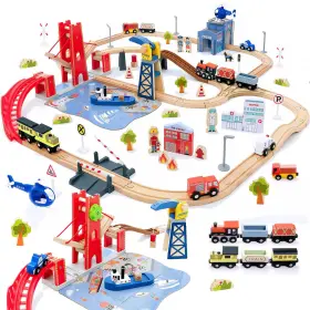 B0ck2s5dpw Giant Bean 117-pcs Busy Port City Wooden Train Set For Kids - Expandable And Chang