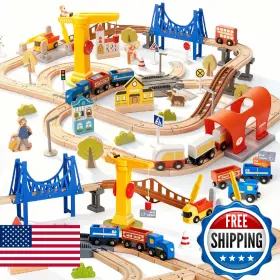 B0fq5k2w89 Giant Bean 94pcs Wooden Train Set Modern City Adventure Railway Track For Kids With Bridge