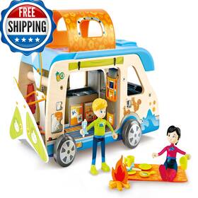 Hape B089653rzr Adventure Van 23-piece Wooden Pretend Play Camper Toy Set Camping