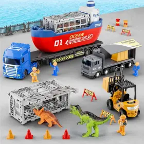 0831 Iplayilearn Dinosaur Cargo Truck Toy With Boat Trailer Transport Container Ship Forklift Age 4