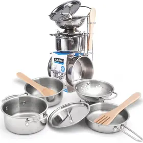B0cgxbtlp1 Kejih 8 Pcs Stainless Steel Play Pots And Pans Toy Kitchen Playset For Kids - Pretend Gr