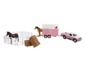 520205 Kids Globe Traffic Die Cast Mitsubishi With Horse Trailer Fence Horses