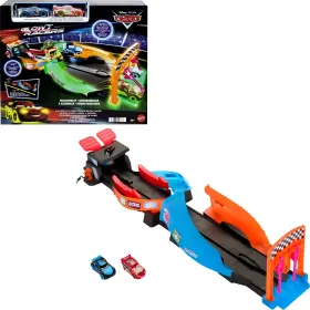 Hpd80 Mattel Glow Racers Launch And Criss-cross Playset With 2 Glow-in-the-dark Vehicles