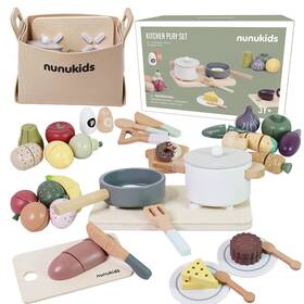 Nunukids B0bmlfxfw8 Wooden Play Food Sets For Kids Kitchen 42 Pc Toys Storage