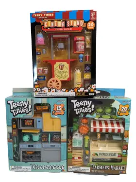 Rms 840287998740 Teeny Tinies 1 12 Playset Lot X3 Cinema Stand Kitchenette Farmers Market Diorama