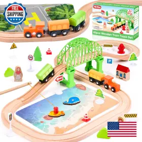 B0fnbyfldn Tiktiles Wooden Train Set 61-piece For Toddlers Kids Ages 3-8 Double-sided Expandable Tr