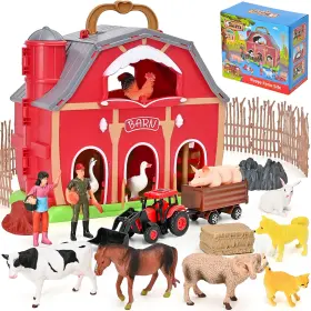 Topfox 794677118624 Farm Animal Toys Red Barn Playset With Miniature Figurines