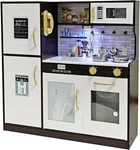 Touch Wooden Kitchen With Lights, Sink, Microwave, Oven, And Cooking Set Used. Price: $63.49.