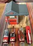 Learning Curve Wooden Thomas Train Lights & Sounds Fire Station 4 Trucks! Used. Price: $69.99.