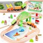 Wooden Train Set 61-PIECE For Toddlers Kids Ages 3-8, Double-sided Expandable New. Price: $39.64.