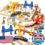 94PCS Wooden Train Set, Modern City Adventure Railway Track For Kids With Bridge New. Price: $73.28.